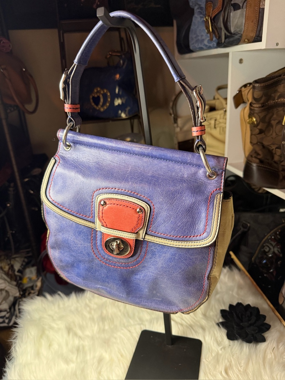 Women’s blue Leather Shoulder Bag with Coral and grey Accent